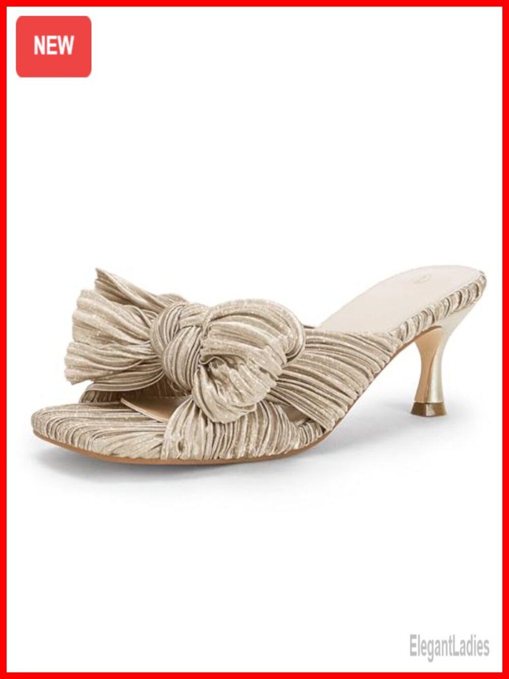 Womens Pleated Bow Kitten Heel Sandals Square Toe Slip On Dress Shoes